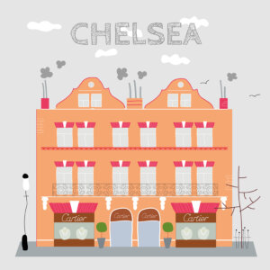 Ilustración que muestra una casa típica de este barrio de Londres tan típico