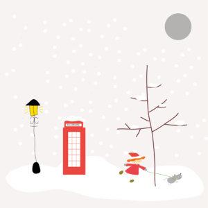 Imagen de una nevada en Londres donde se ven una farola, una cabina y una niña